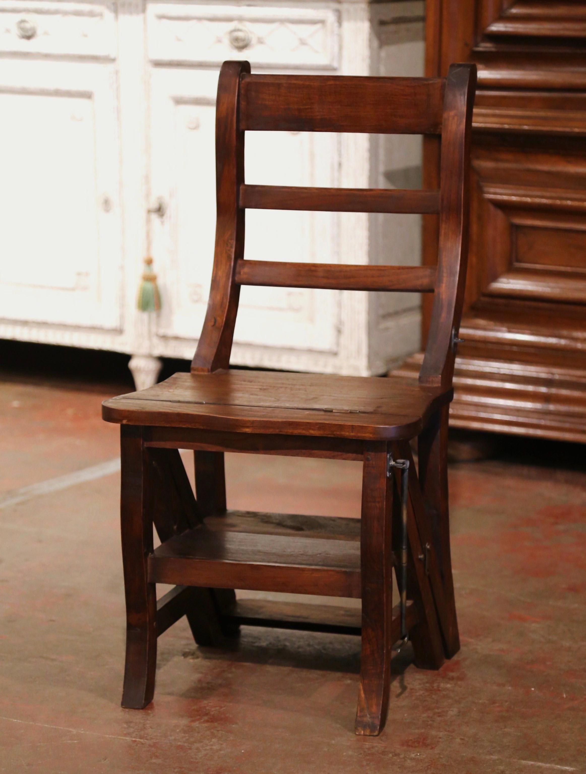 Decorate a library or study with this artisan-made folding step ladder chair. Crafted in Southern France circa 1980, the metamorphic chair features three carved ladders in the back; the double-function piece is hinged so that it can convert into a