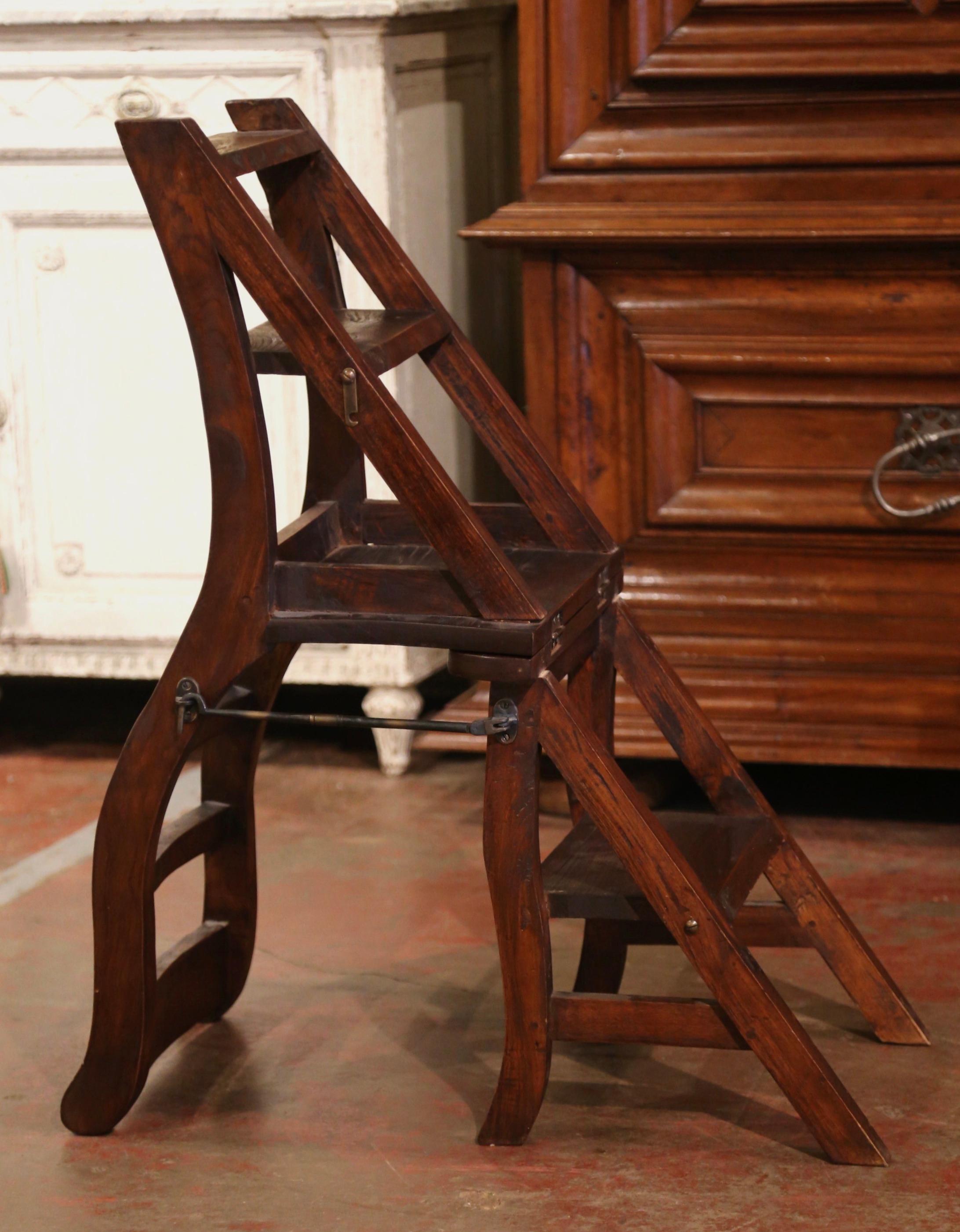 20th Century Vintage French Country Carved Oak Metamorphic Folding Chair Step Ladder