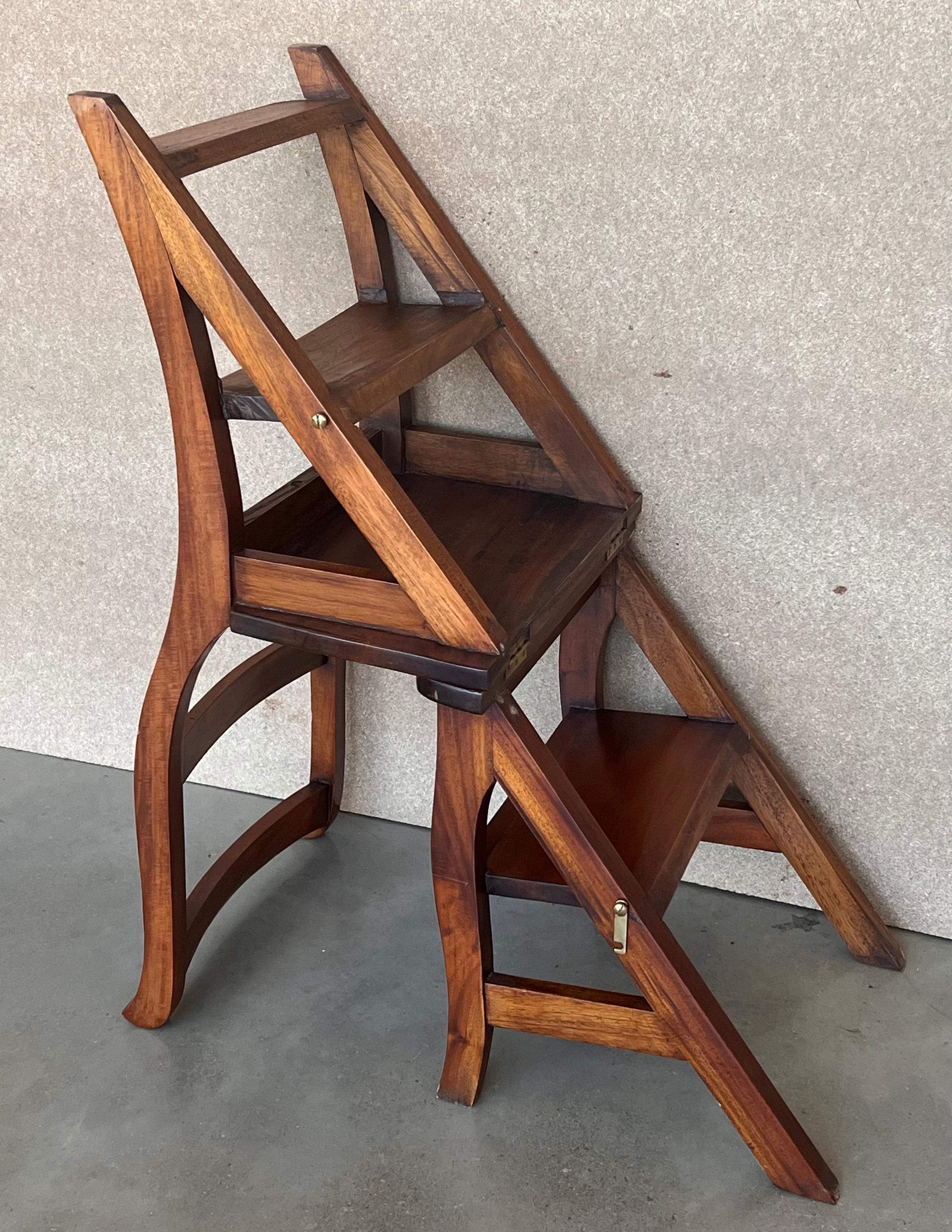 Walnut Vintage French Country Carved Oak Metamorphic Folding Chair Step Ladder