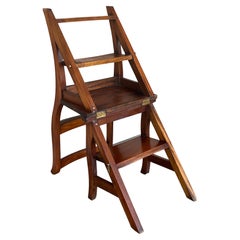 Chaise pliante métamorphique en chêne sculpté de style campagnard français vintage avec échelle à marches
