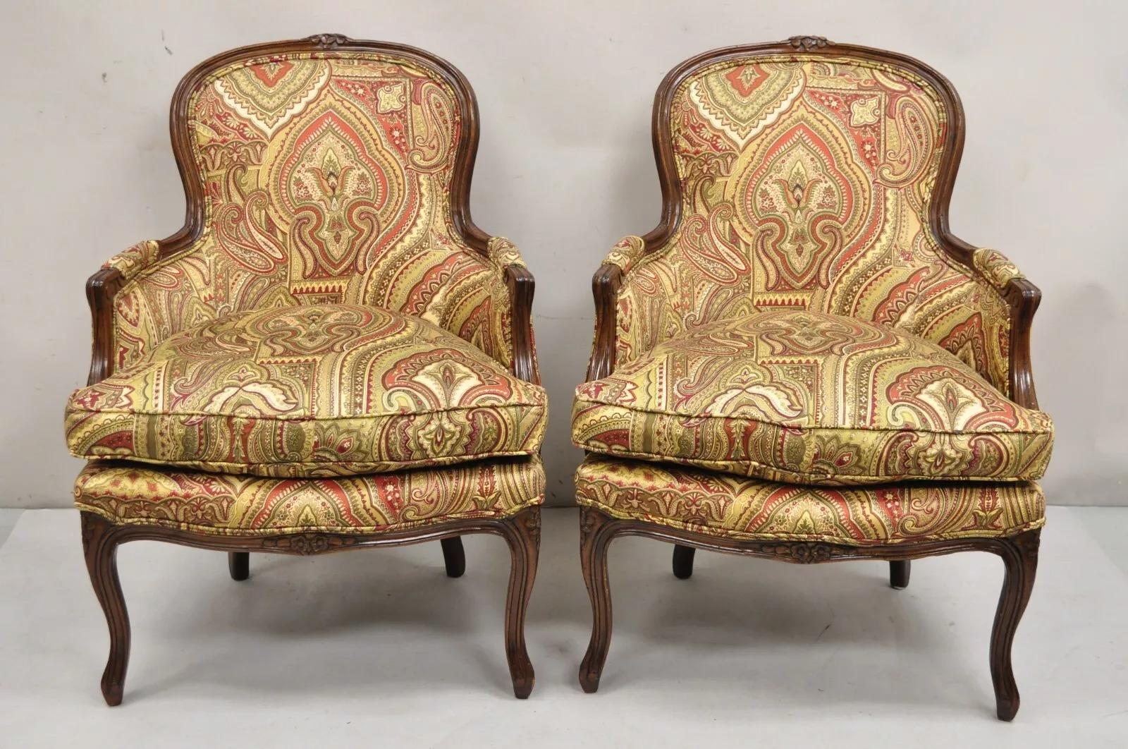Vintage French Country Carved Walnut Burgundy Bergere Lounge Arm Chairs -a Pair 3