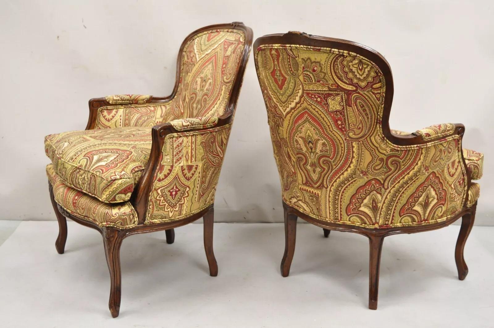 Other Vintage French Country Carved Walnut Burgundy Bergere Lounge Arm Chairs -a Pair