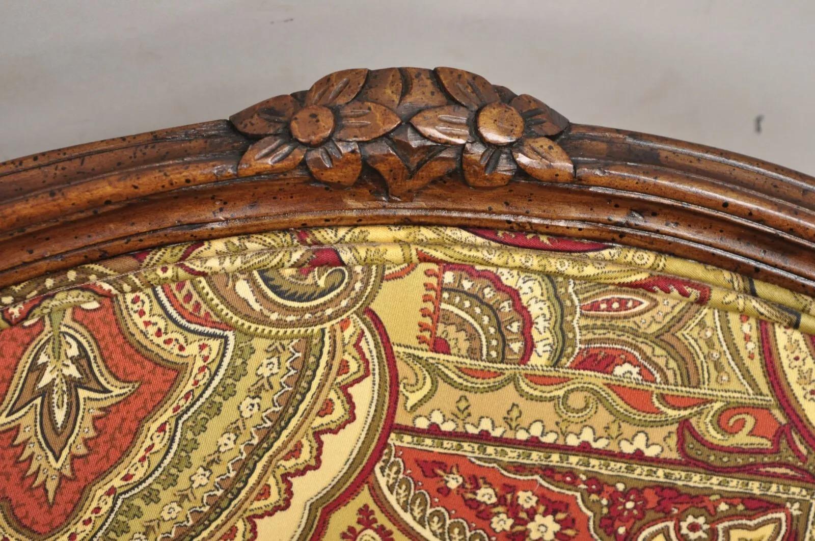 Vintage French Country Carved Walnut Burgundy Bergere Lounge Arm Chairs -a Pair In Good Condition In Philadelphia, PA