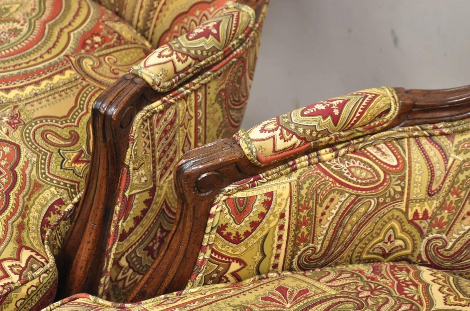 20th Century Vintage French Country Carved Walnut Burgundy Bergere Lounge Arm Chairs -a Pair