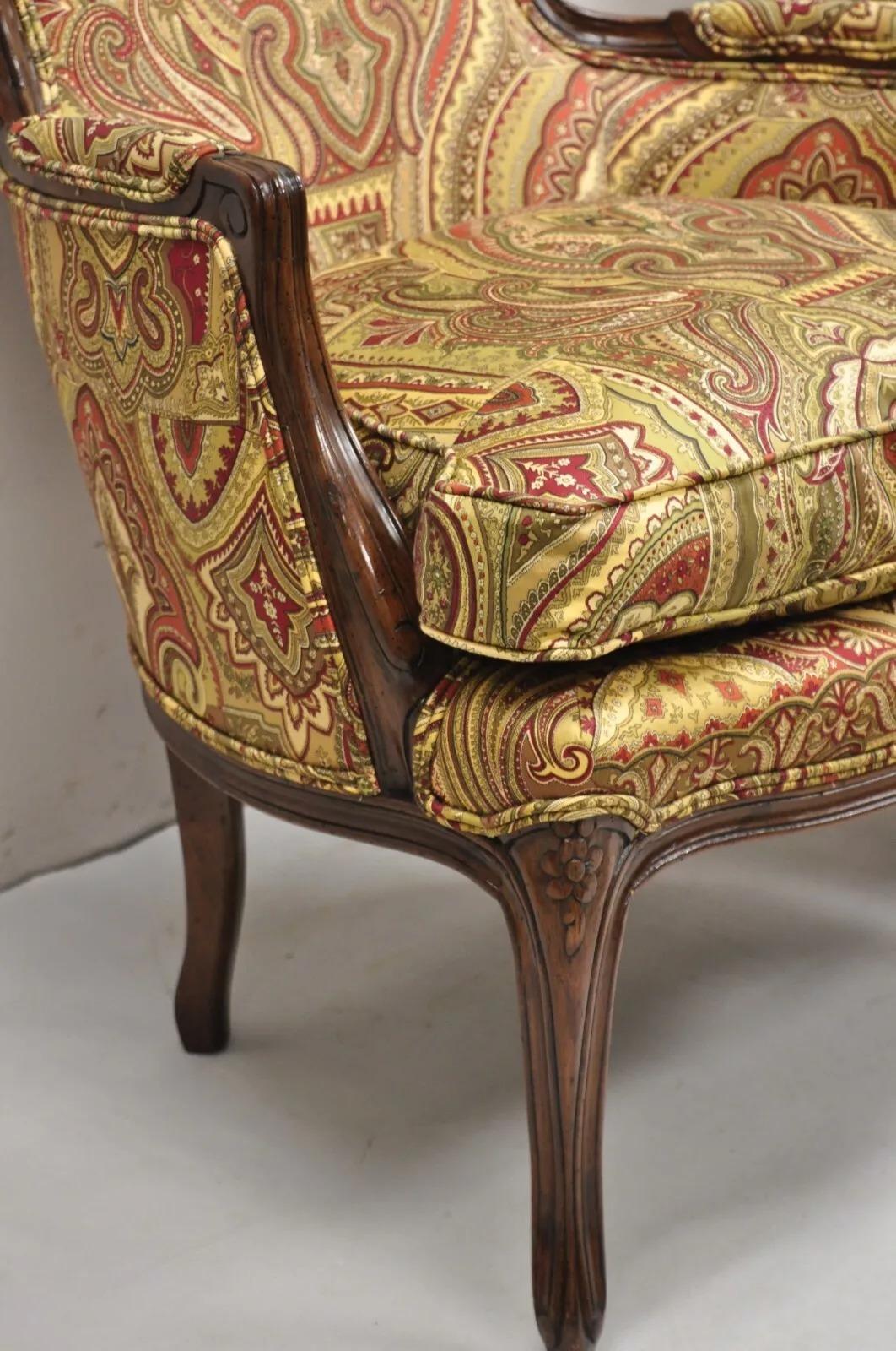 Fabric Vintage French Country Carved Walnut Burgundy Bergere Lounge Arm Chairs -a Pair