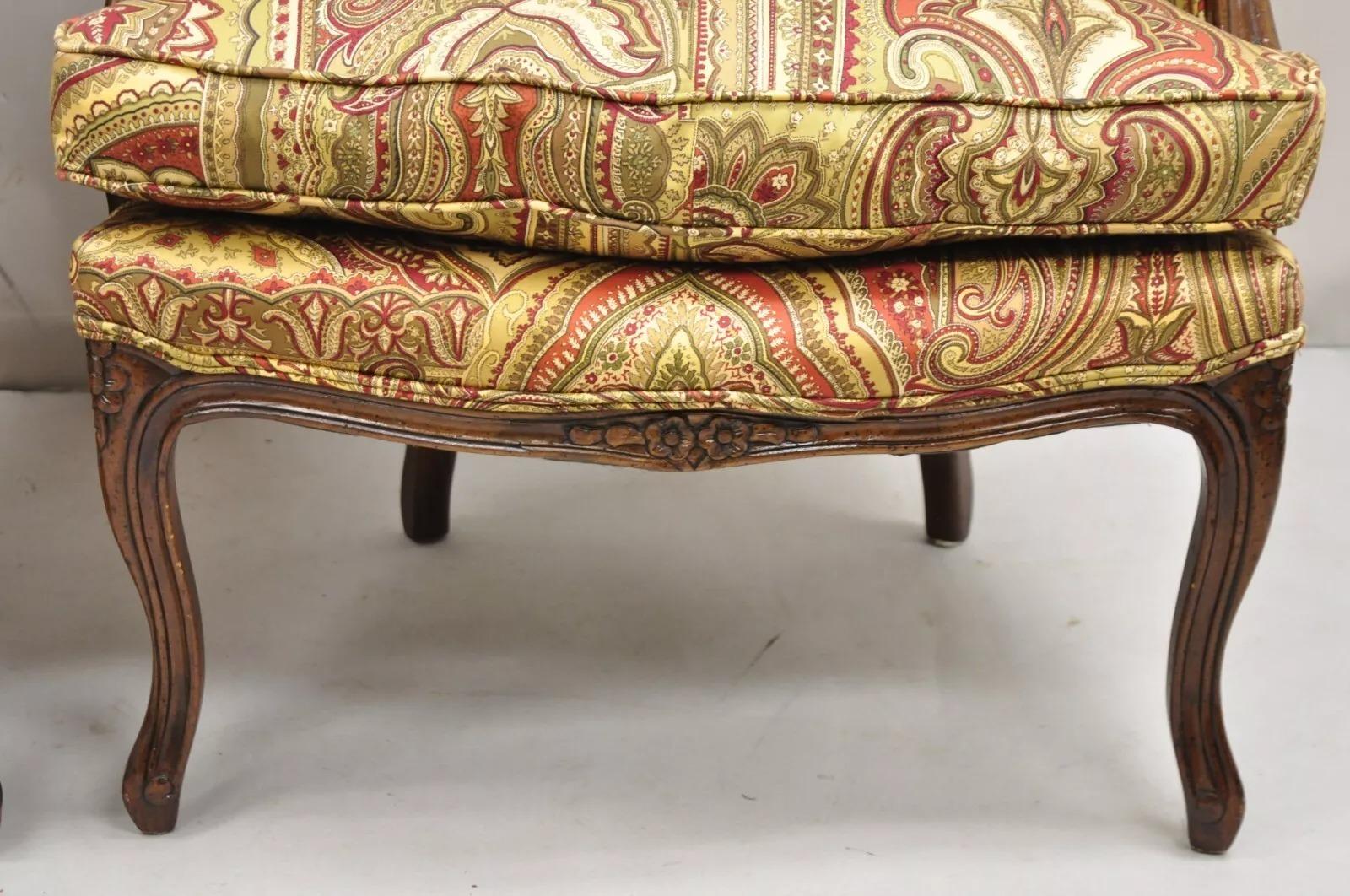 Vintage French Country Carved Walnut Burgundy Bergere Lounge Arm Chairs -a Pair 1