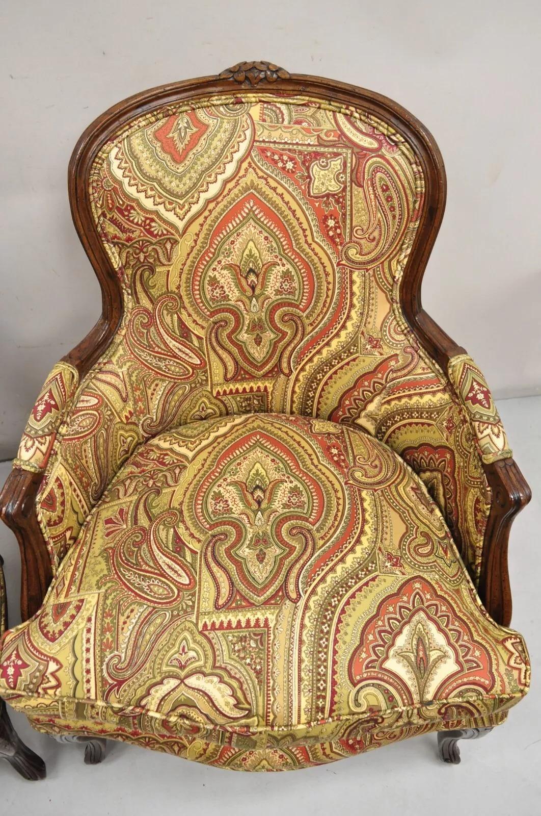 Vintage French Country Carved Walnut Burgundy Bergere Lounge Arm Chairs -a Pair 2