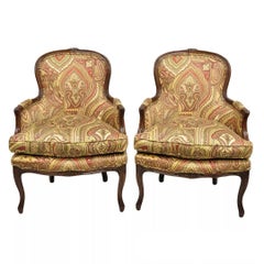 Vintage French Country Carved Walnut Burgundy Bergere Lounge Arm Chairs -a Pair