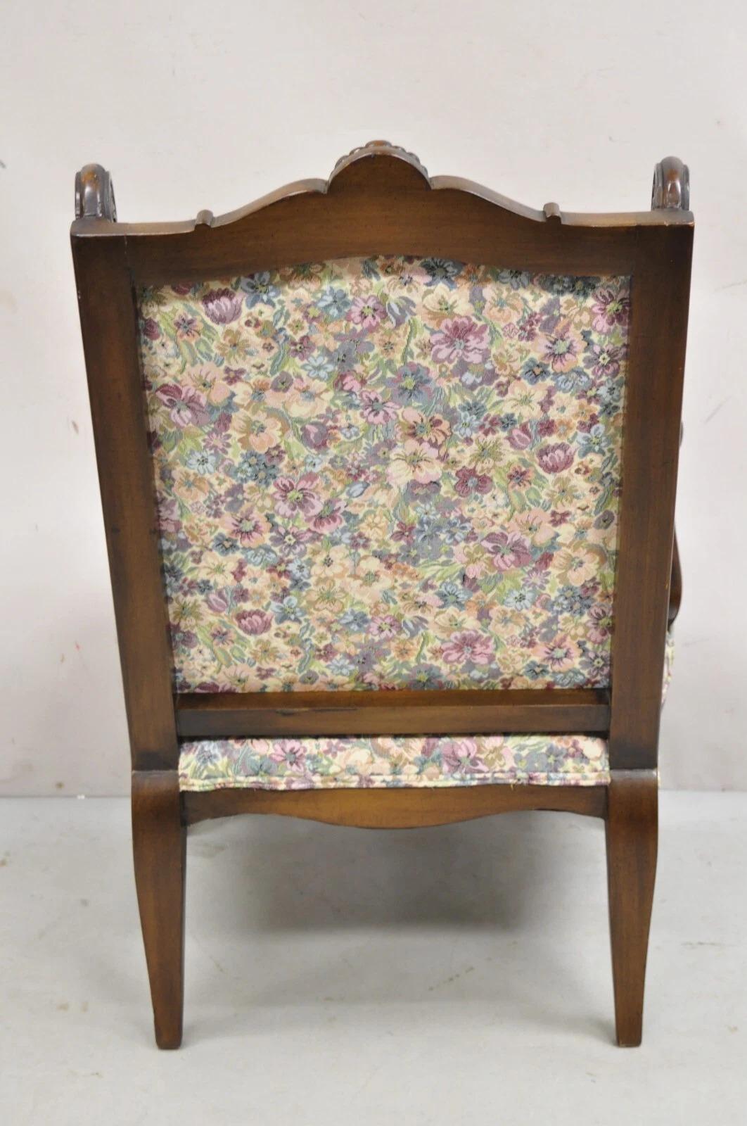 Vintage French Country Carved Walnut Provincial Wingback Lounge Arm Chair For Sale 3