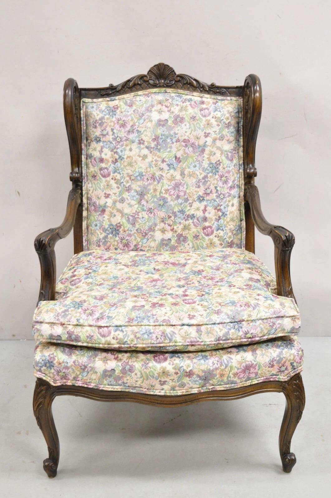 Vintage French Country Carved Walnut Provincial Wingback Lounge Arm Chair. Circa Mid 20th Century. Measurements: 38