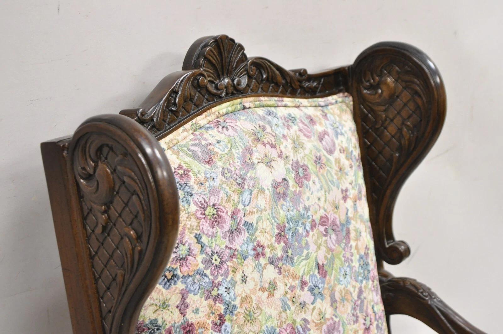 Other Vintage French Country Carved Walnut Provincial Wingback Lounge Arm Chair For Sale