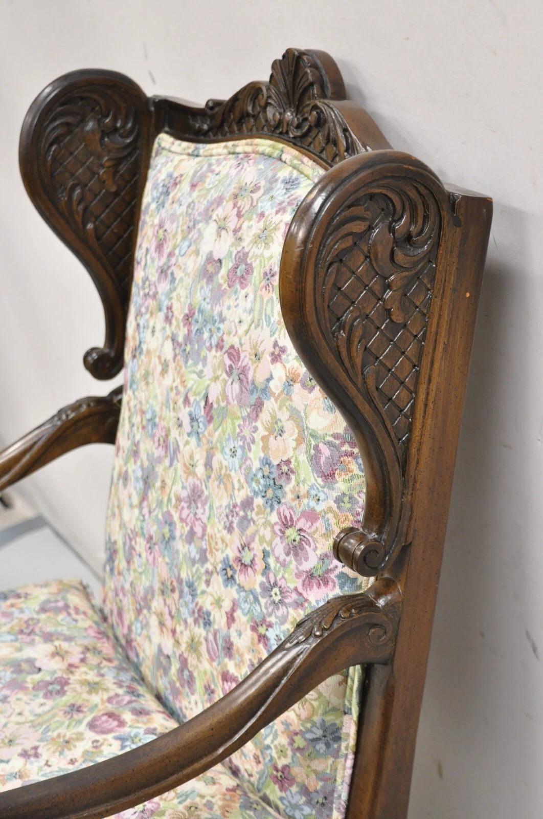 Unknown Vintage French Country Carved Walnut Provincial Wingback Lounge Arm Chair For Sale