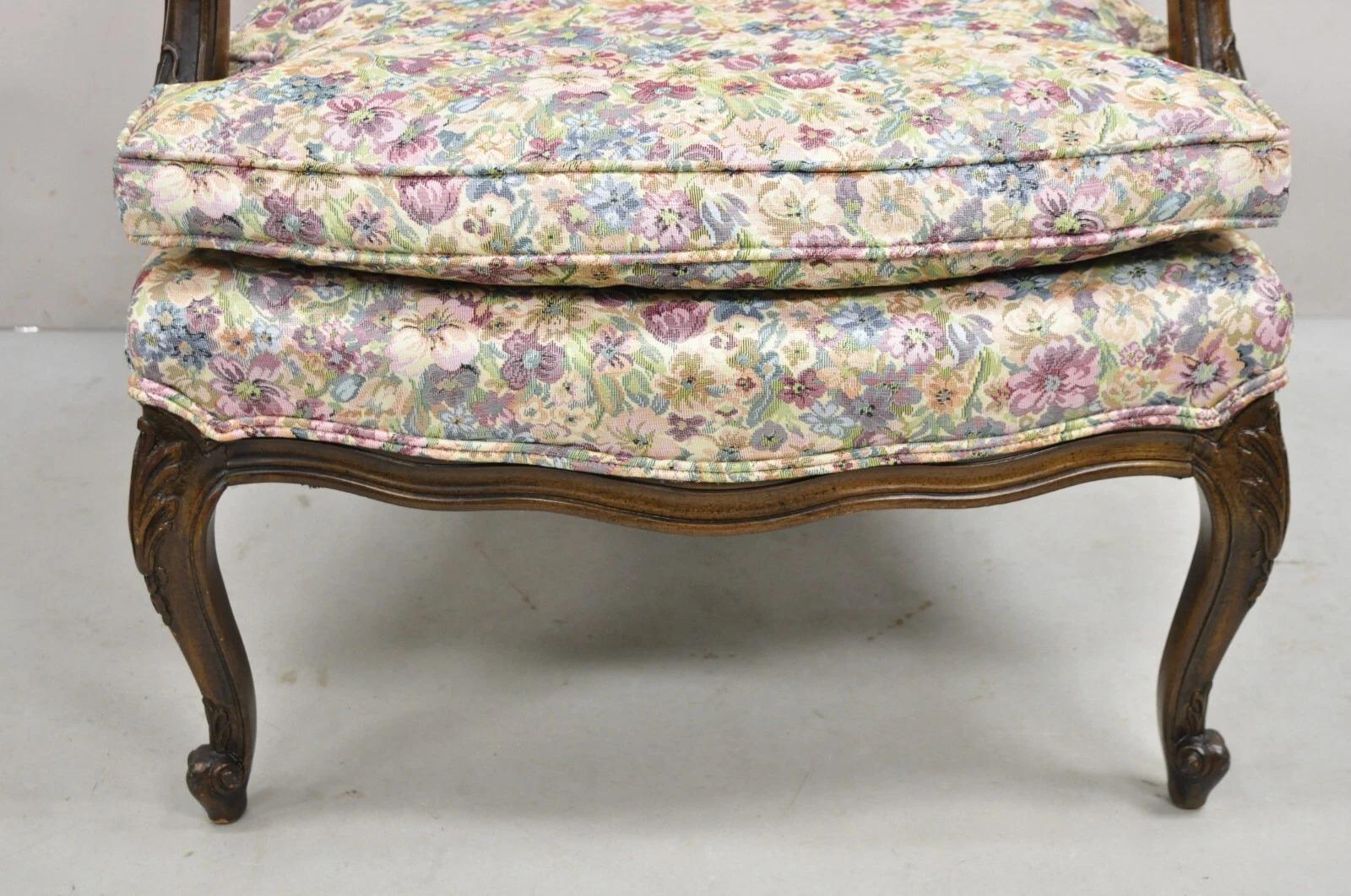20th Century Vintage French Country Carved Walnut Provincial Wingback Lounge Arm Chair For Sale