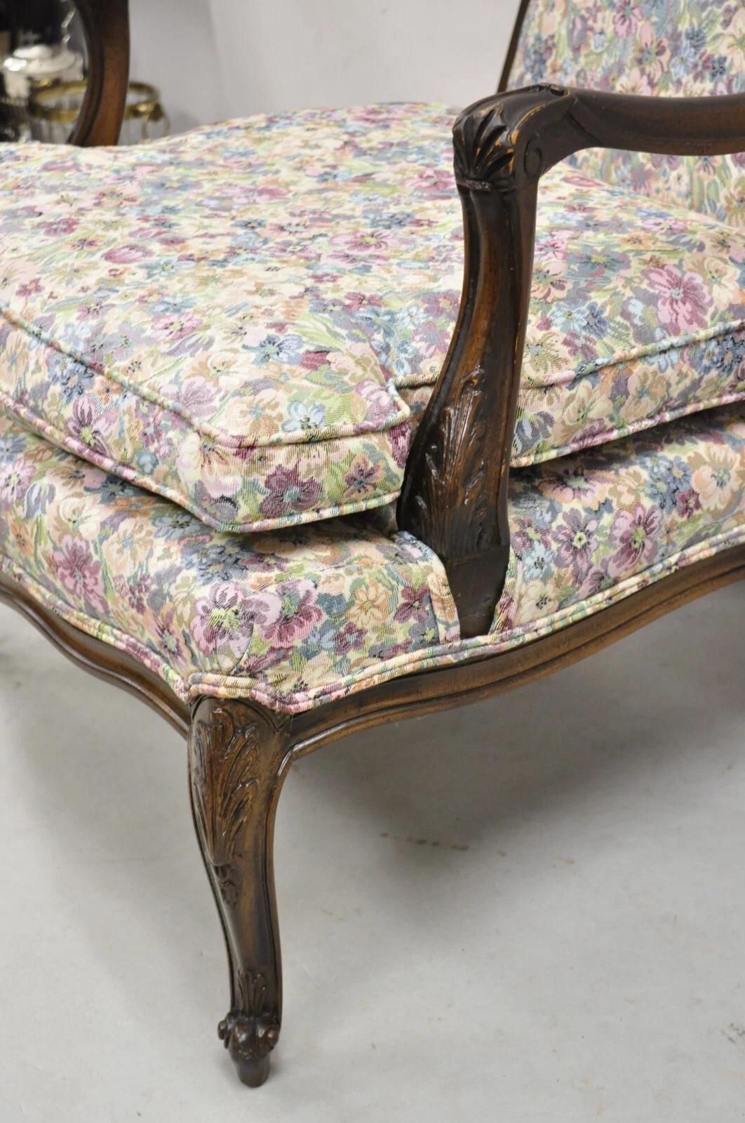 Fabric Vintage French Country Carved Walnut Provincial Wingback Lounge Arm Chair For Sale
