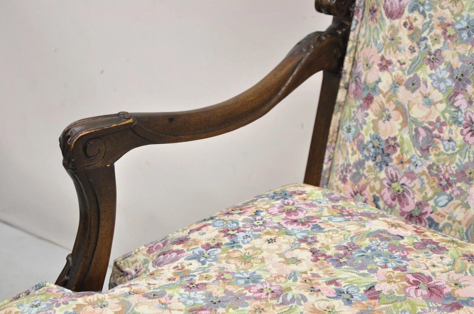 Vintage French Country Carved Walnut Provincial Wingback Lounge Arm Chair For Sale 1