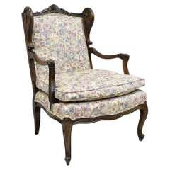 Vintage French Country Carved Walnut Provincial Wingback Lounge Arm Chair