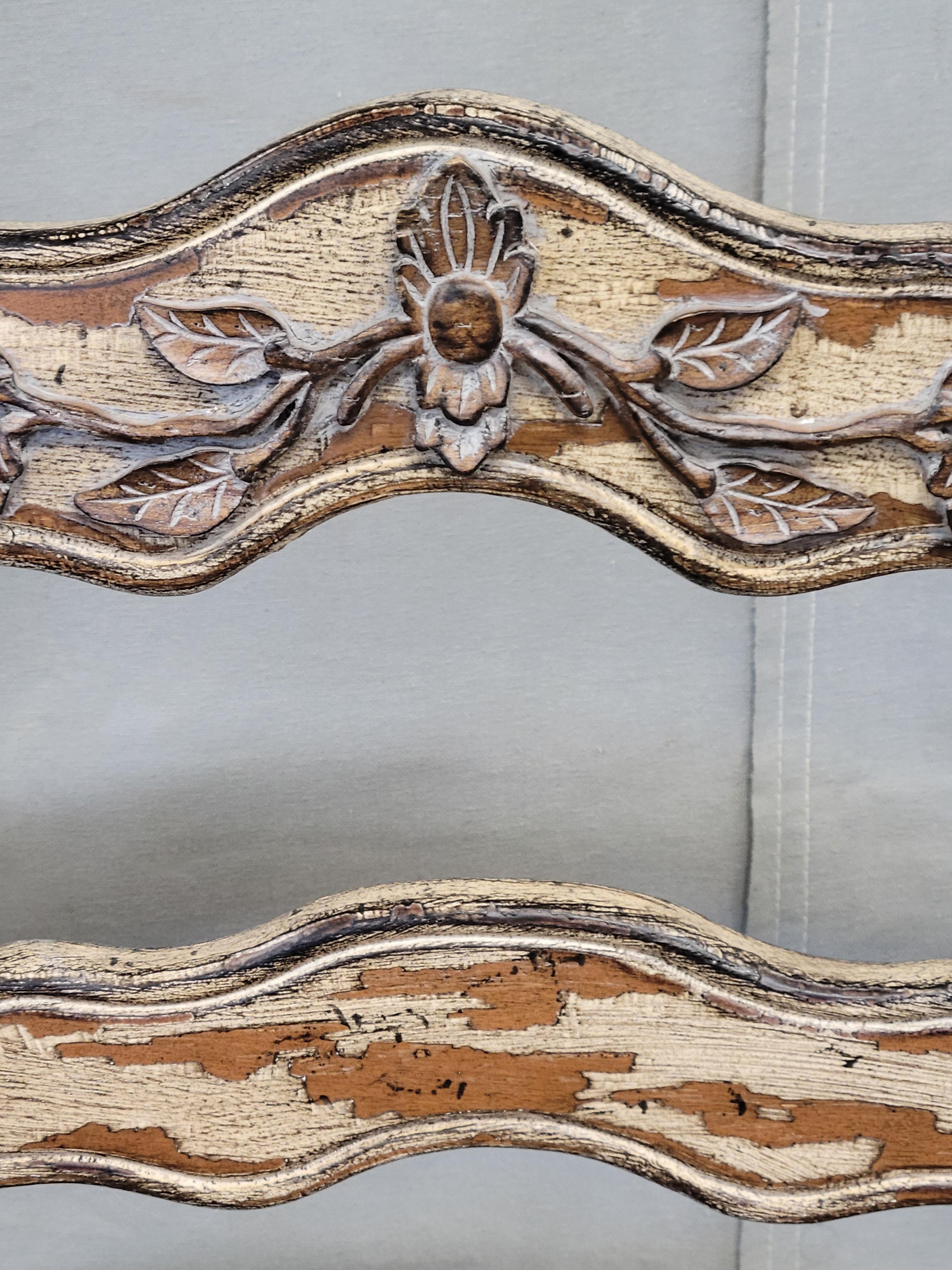 Vintage French Country Carved Wood Bench With Rush Seat and New Cushions 2