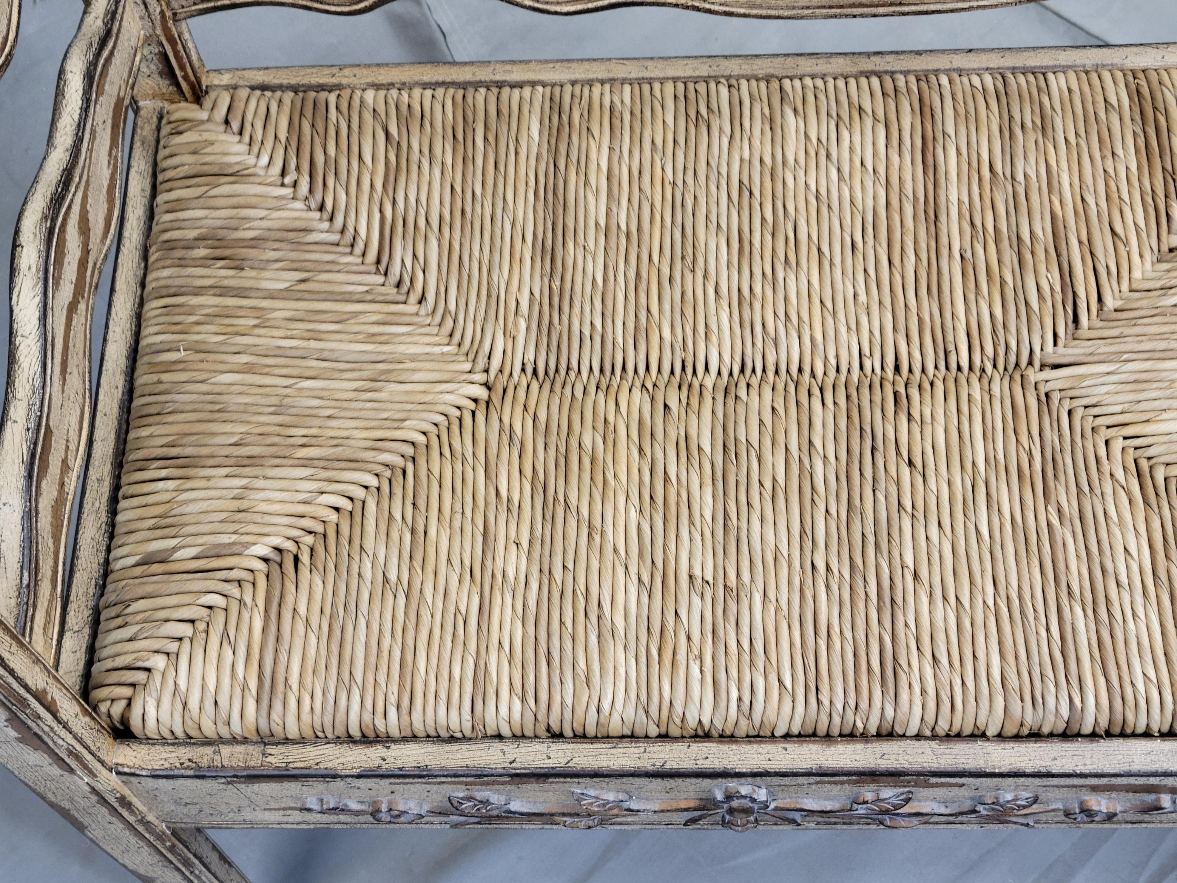 Vintage French Country Carved Wood Bench With Rush Seat and New Cushions 3