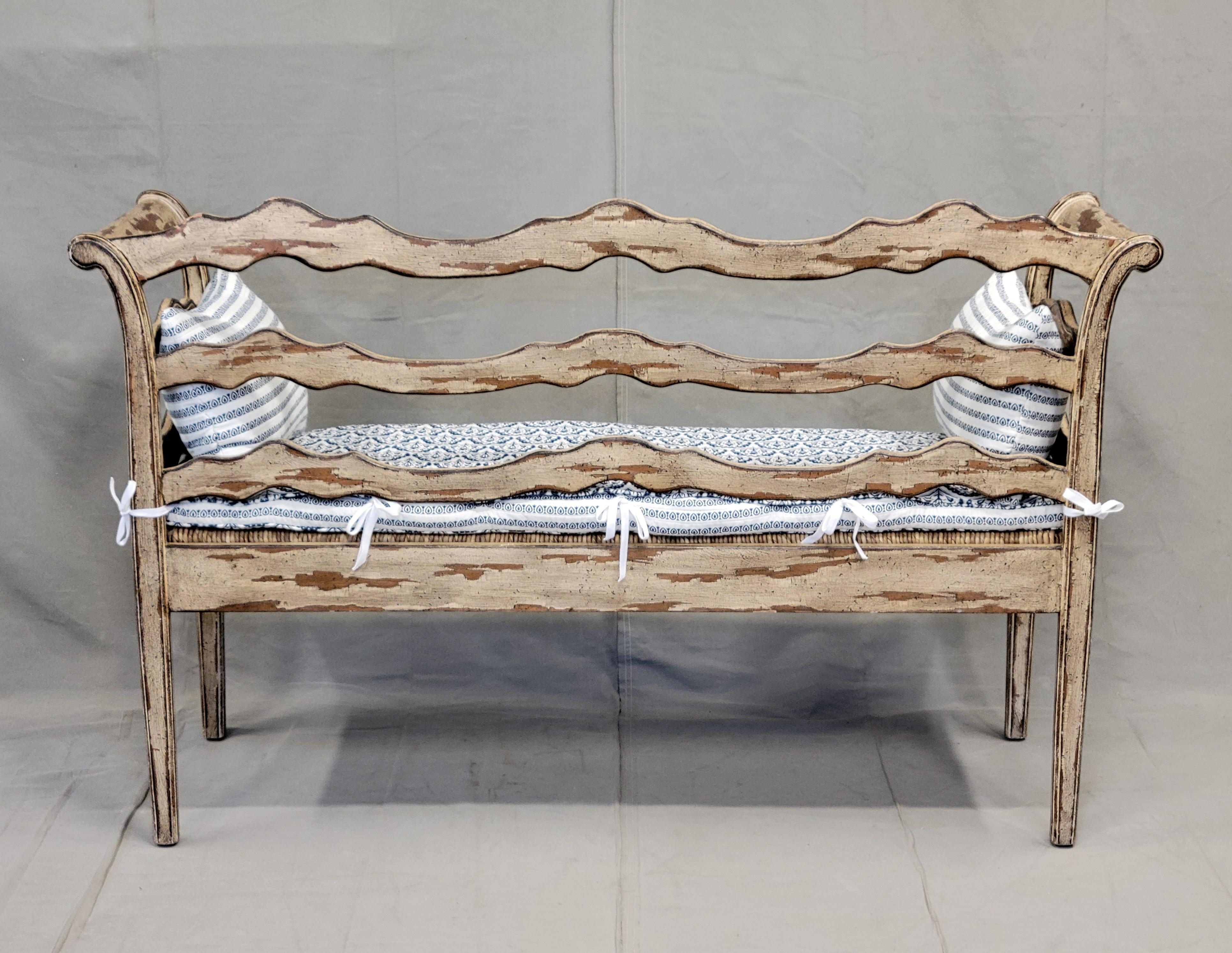 Vintage French Country Carved Wood Bench With Rush Seat and New Cushions 7