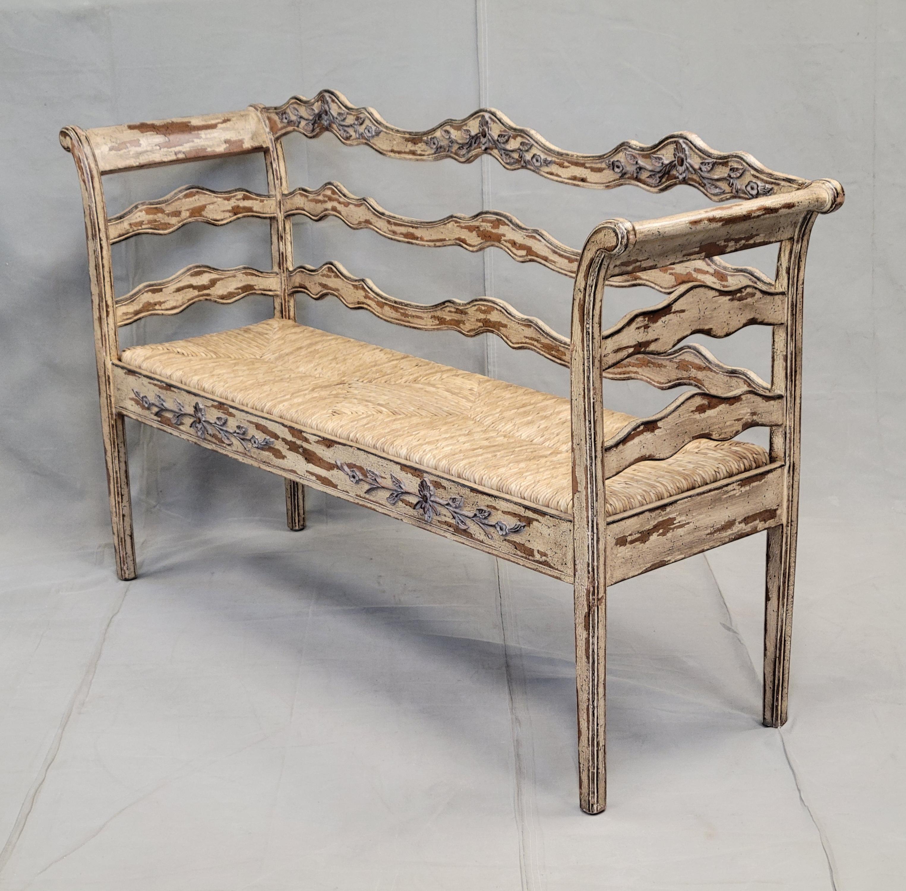 French Provincial Vintage French Country Carved Wood Bench With Rush Seat and New Cushions