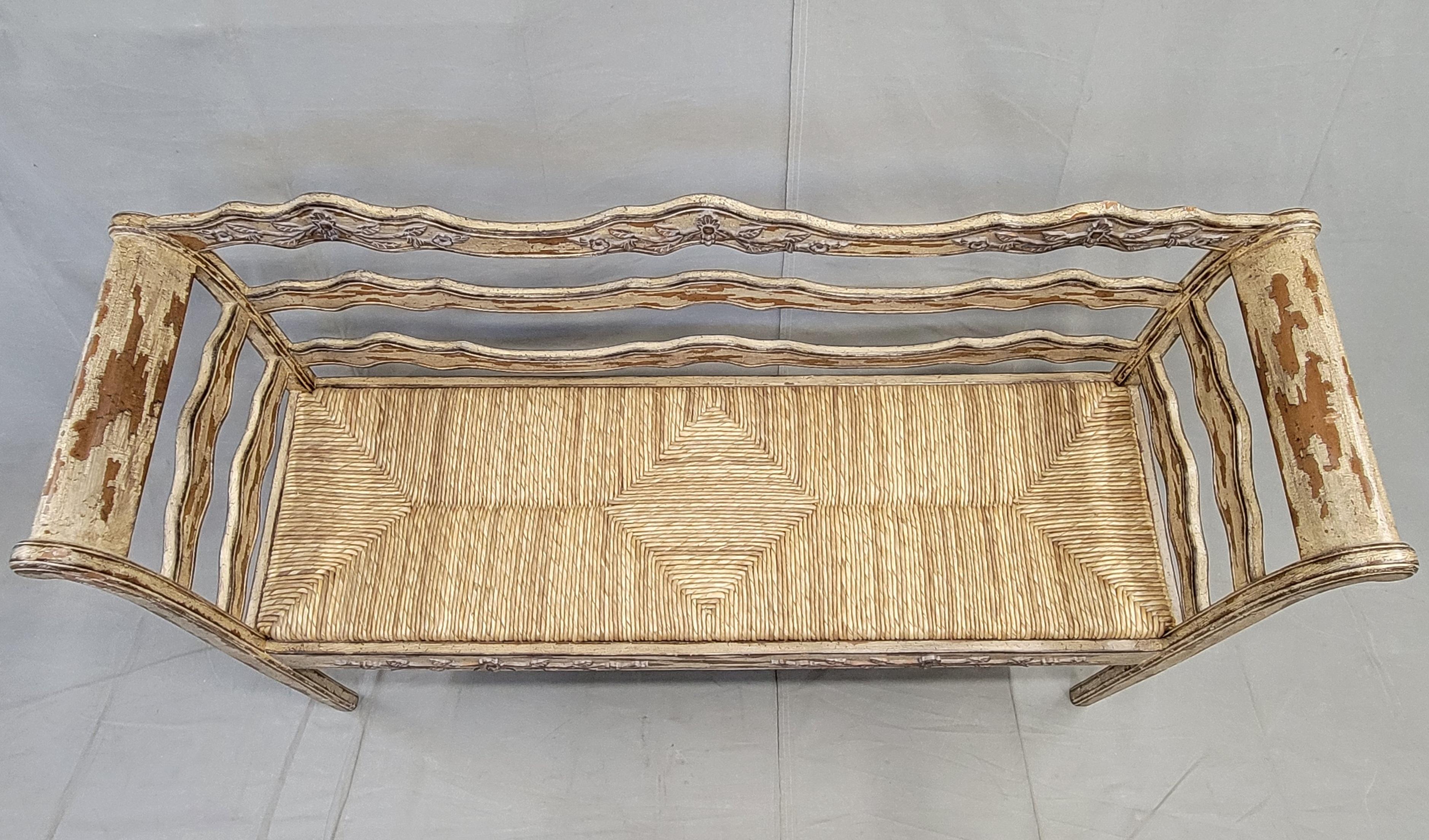 Unknown Vintage French Country Carved Wood Bench With Rush Seat and New Cushions