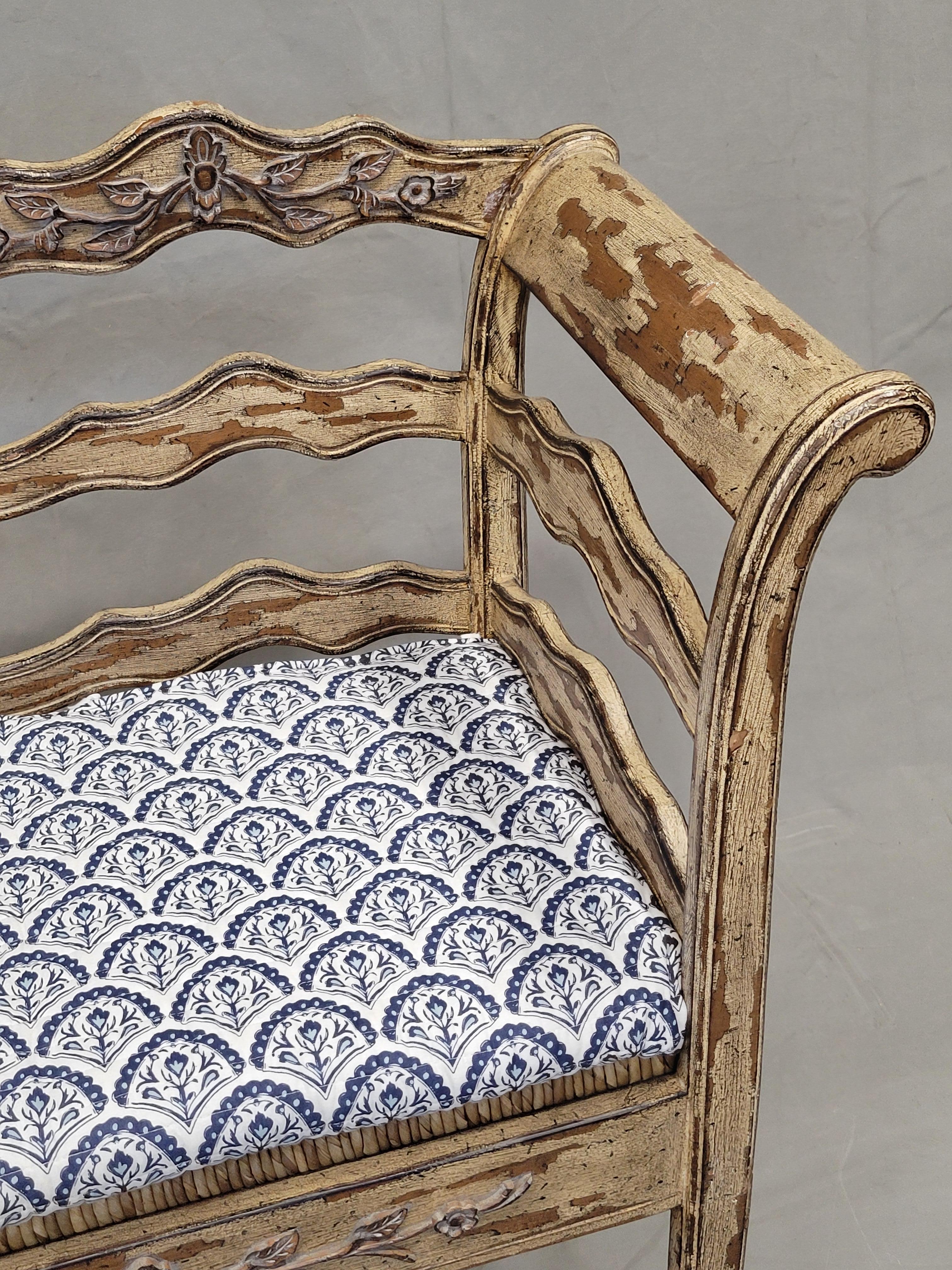 Hand-Carved Vintage French Country Carved Wood Bench With Rush Seat and New Cushions