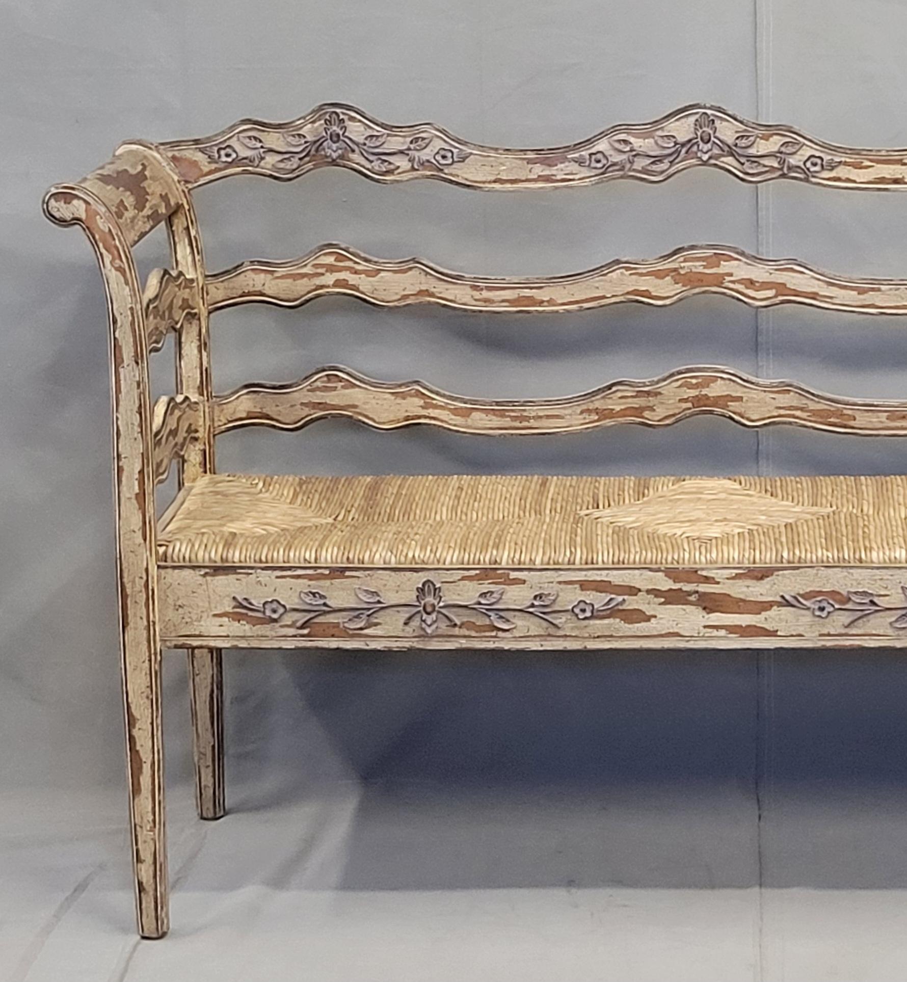 Late 20th Century Vintage French Country Carved Wood Bench With Rush Seat and New Cushions