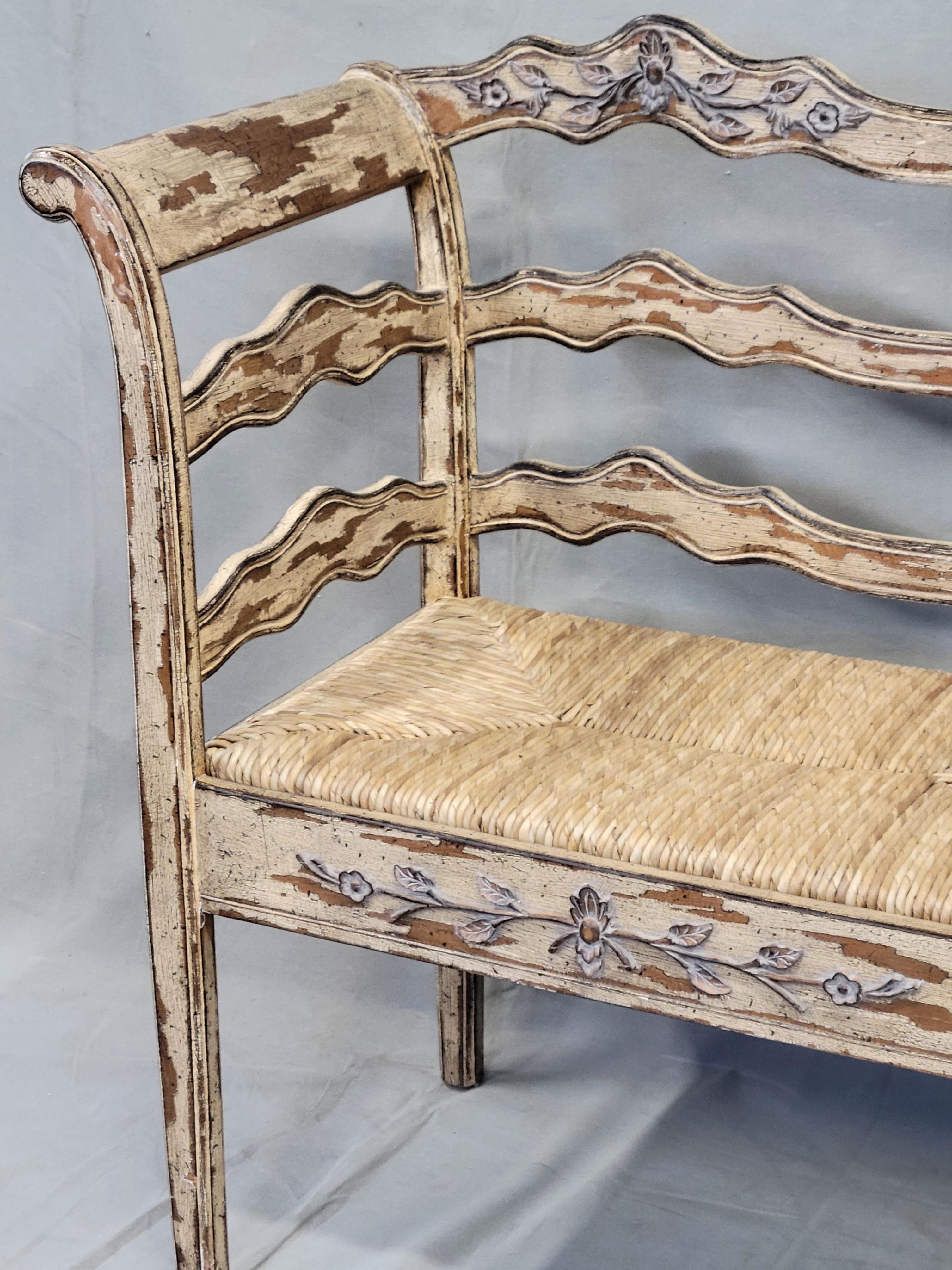 Cotton Vintage French Country Carved Wood Bench With Rush Seat and New Cushions