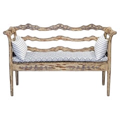 Vintage French Country Carved Wood Bench With Rush Seat and New Cushions