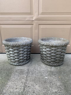 Vintage French Country Cast Stone Basketweave Planters, a Pair