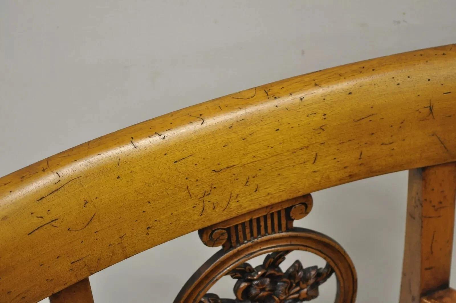Vintage French Country Cherry Wood Italian Distressed Rush Seat Dining Arm Chair For Sale 5