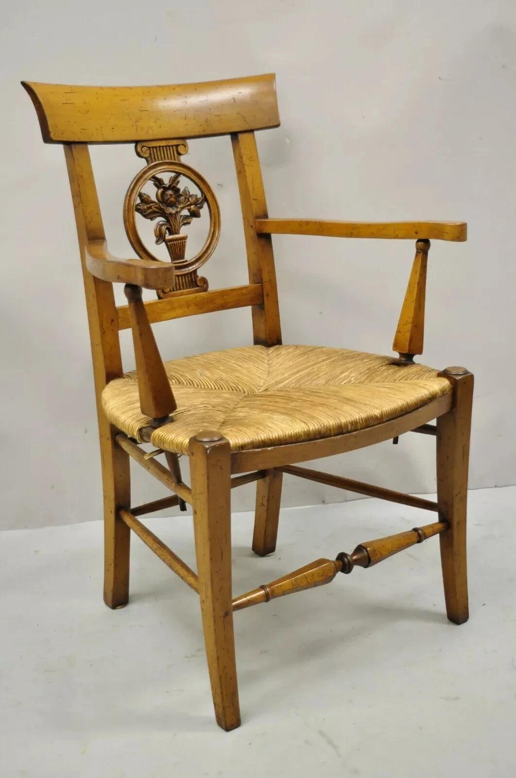 Vintage French Country Cherry Wood Italian Distressed Rush Seat Dining Arm Chair For Sale 6