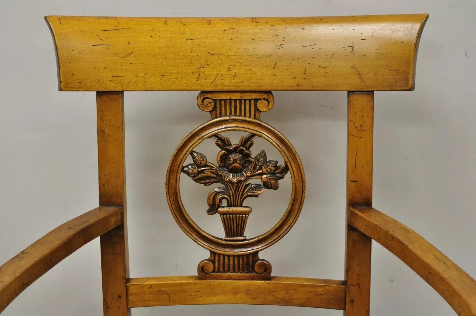 Vintage French Country Cherry Wood Italian Distressed Rush Seat Dining Arm Chair. Item features a woven rush seat, solid wood construction, beautiful wood grain, distressed finish, nicely carved details, quality craftsmanship, great style and form.