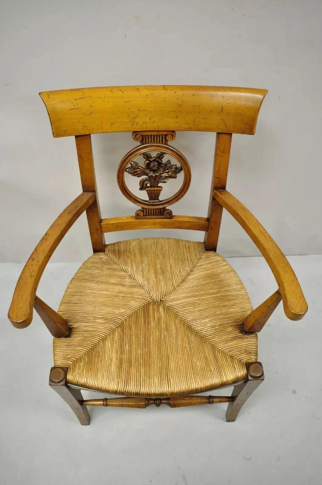Unknown Vintage French Country Cherry Wood Italian Distressed Rush Seat Dining Arm Chair For Sale