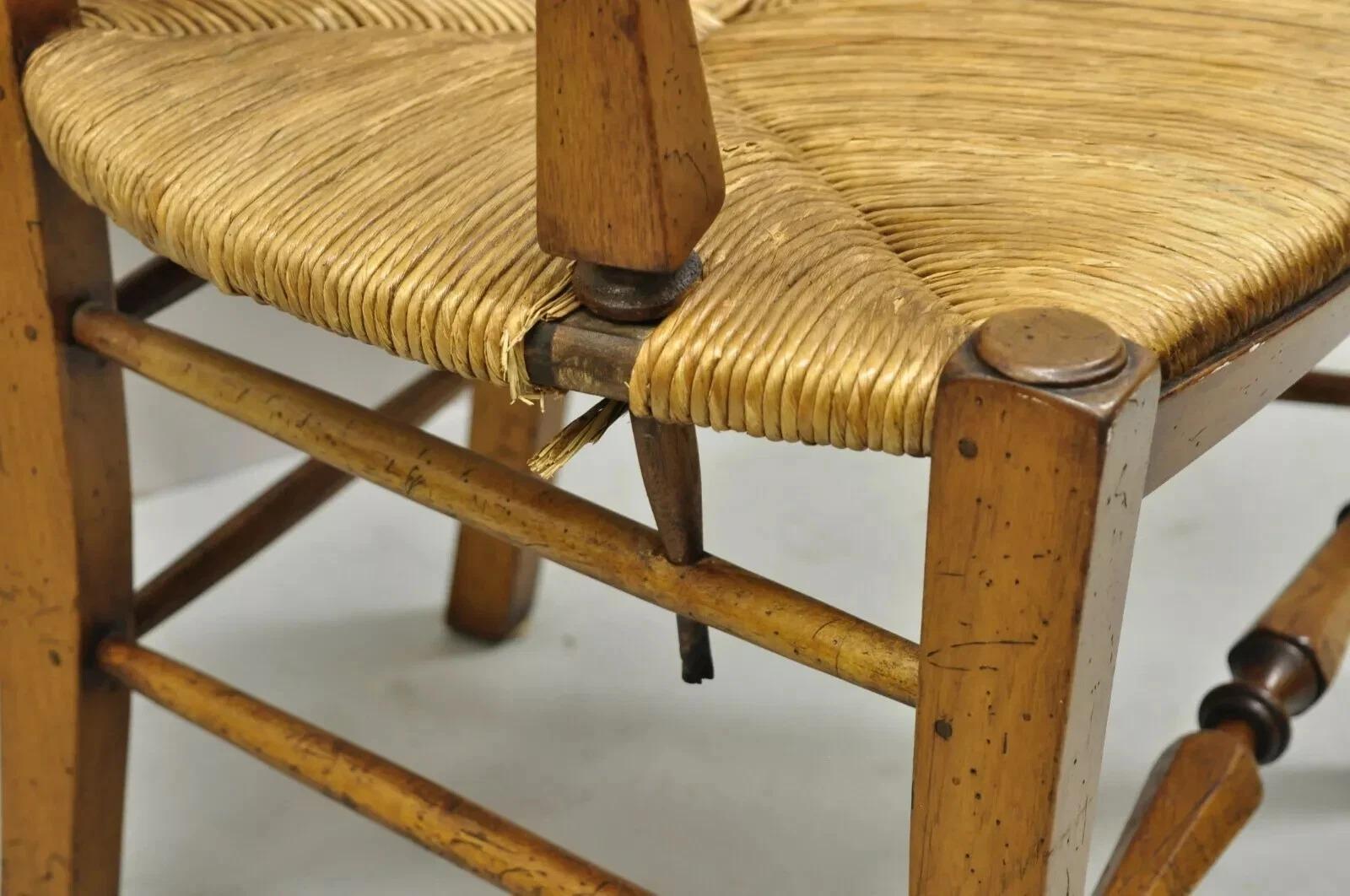 20th Century Vintage French Country Cherry Wood Italian Distressed Rush Seat Dining Arm Chair For Sale