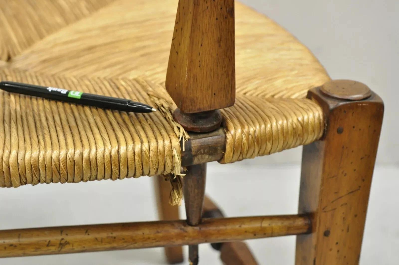 Vintage French Country Cherry Wood Italian Distressed Rush Seat Dining Arm Chair For Sale 1