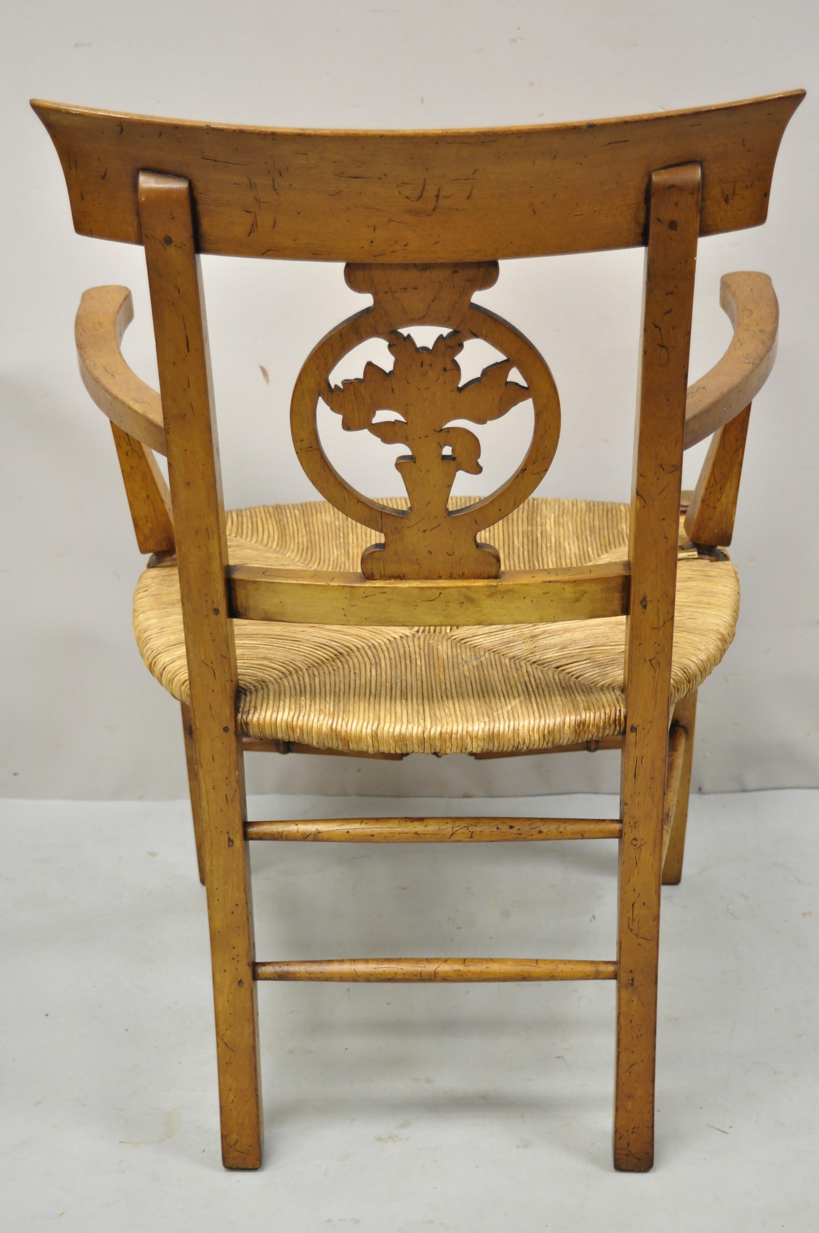 Vintage French Country Cherry Wood Italian Distressed Rush Seat Dining Arm Chair For Sale 1