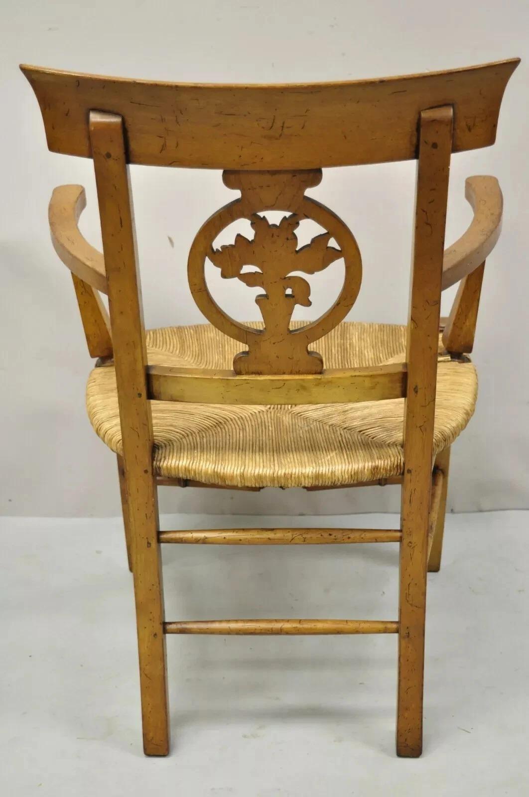 Vintage French Country Cherry Wood Italian Distressed Rush Seat Dining Arm Chair For Sale 2