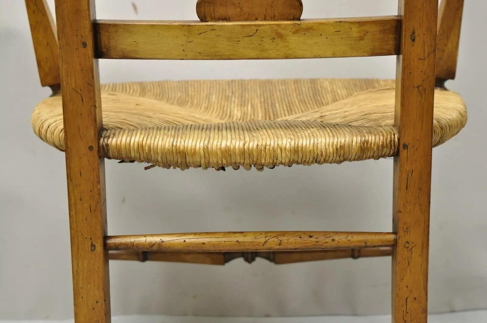Vintage French Country Cherry Wood Italian Distressed Rush Seat Dining Arm Chair For Sale 3