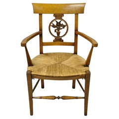Vintage French Country Cherry Wood Italian Distressed Rush Seat Dining Arm Chair