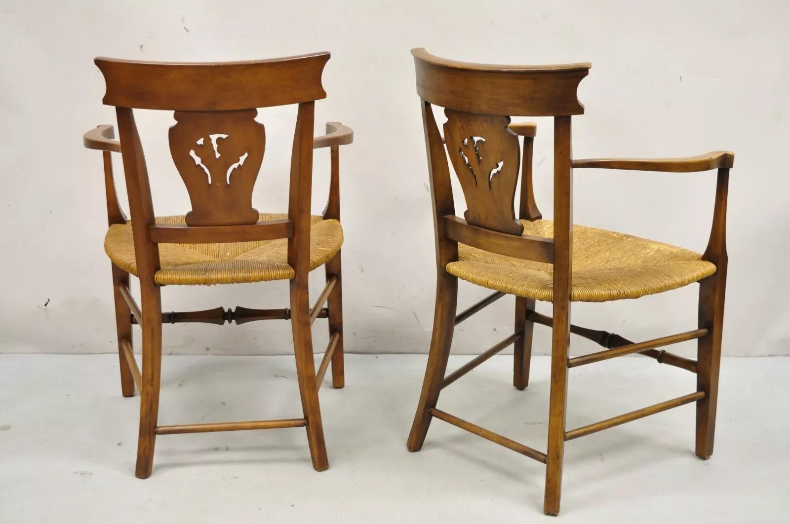 Vintage French Country Cherry Wood Italian Rush Seat Dining Arm Chair - a Pair For Sale 4