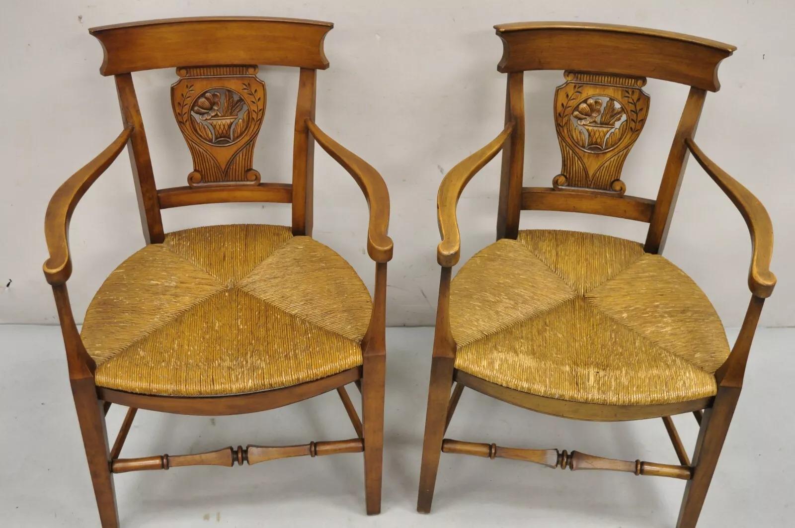 Vintage French Country Cherry Wood Italian Rush Seat Dining Arm Chair - a Pair For Sale 6