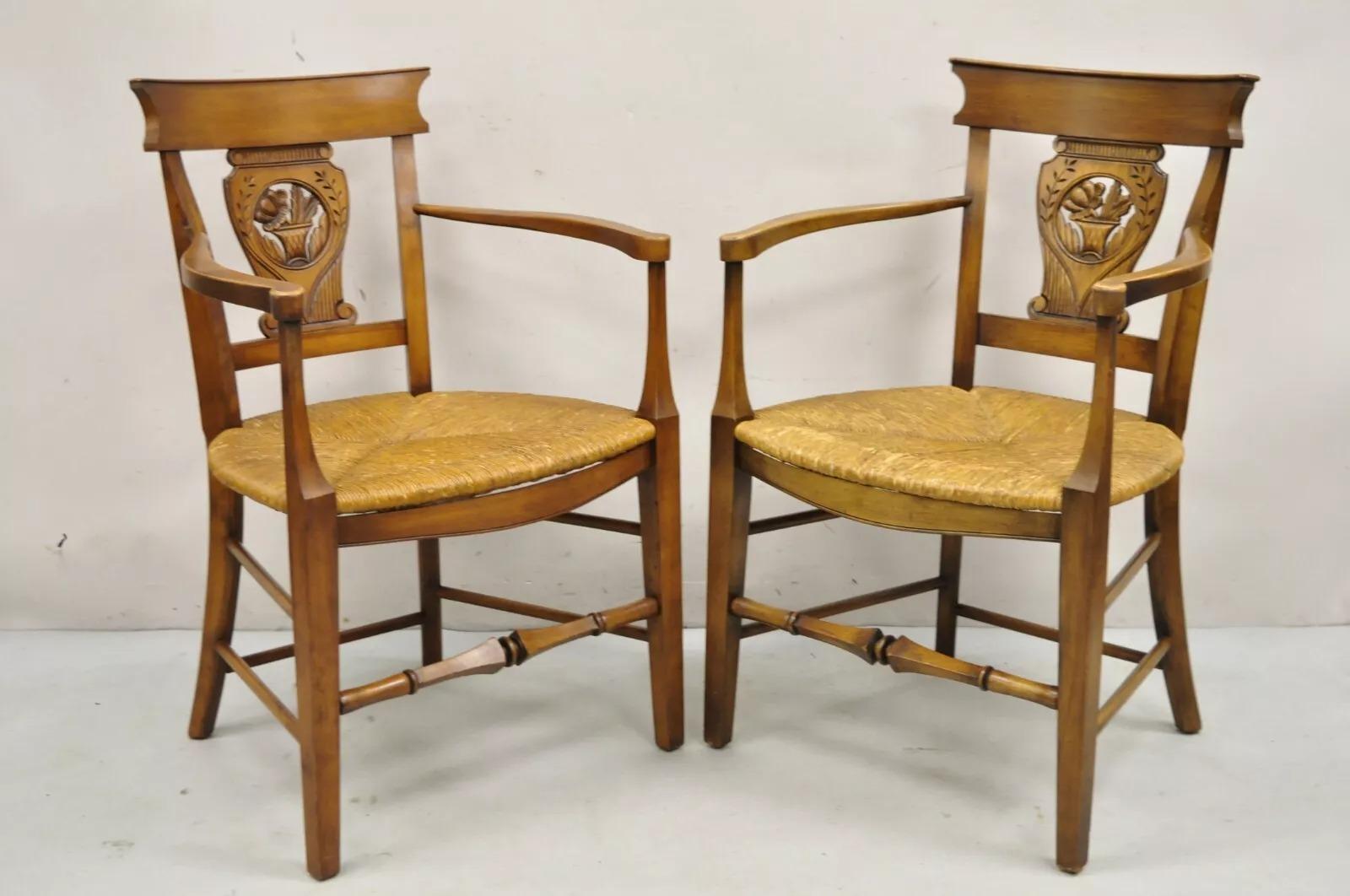Vintage French Country Cherry Wood Italian Rush Seat Dining Arm Chairs - a Pair. Circa Late 20th Century. Measurements: 35.5