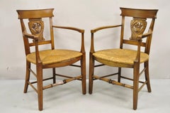 Vintage French Country Cherry Wood Italian Rush Seat Dining Arm Chair - a Pair
