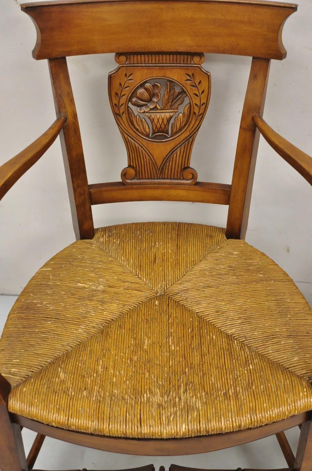 Other Vintage French Country Cherry Wood Italian Rush Seat Dining Arm Chair - a Pair For Sale
