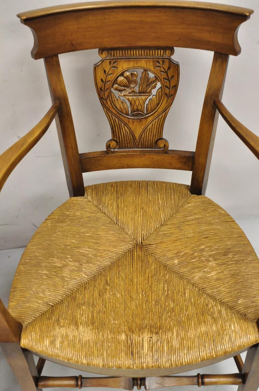 20th Century Vintage French Country Cherry Wood Italian Rush Seat Dining Arm Chair - a Pair For Sale