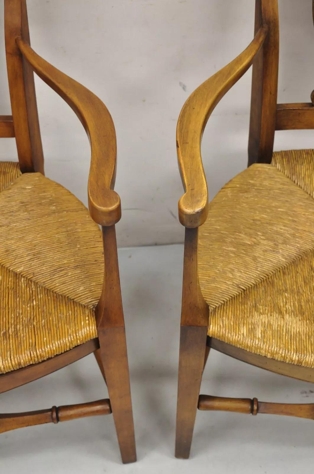 Vintage French Country Cherry Wood Italian Rush Seat Dining Arm Chair - a Pair For Sale 2
