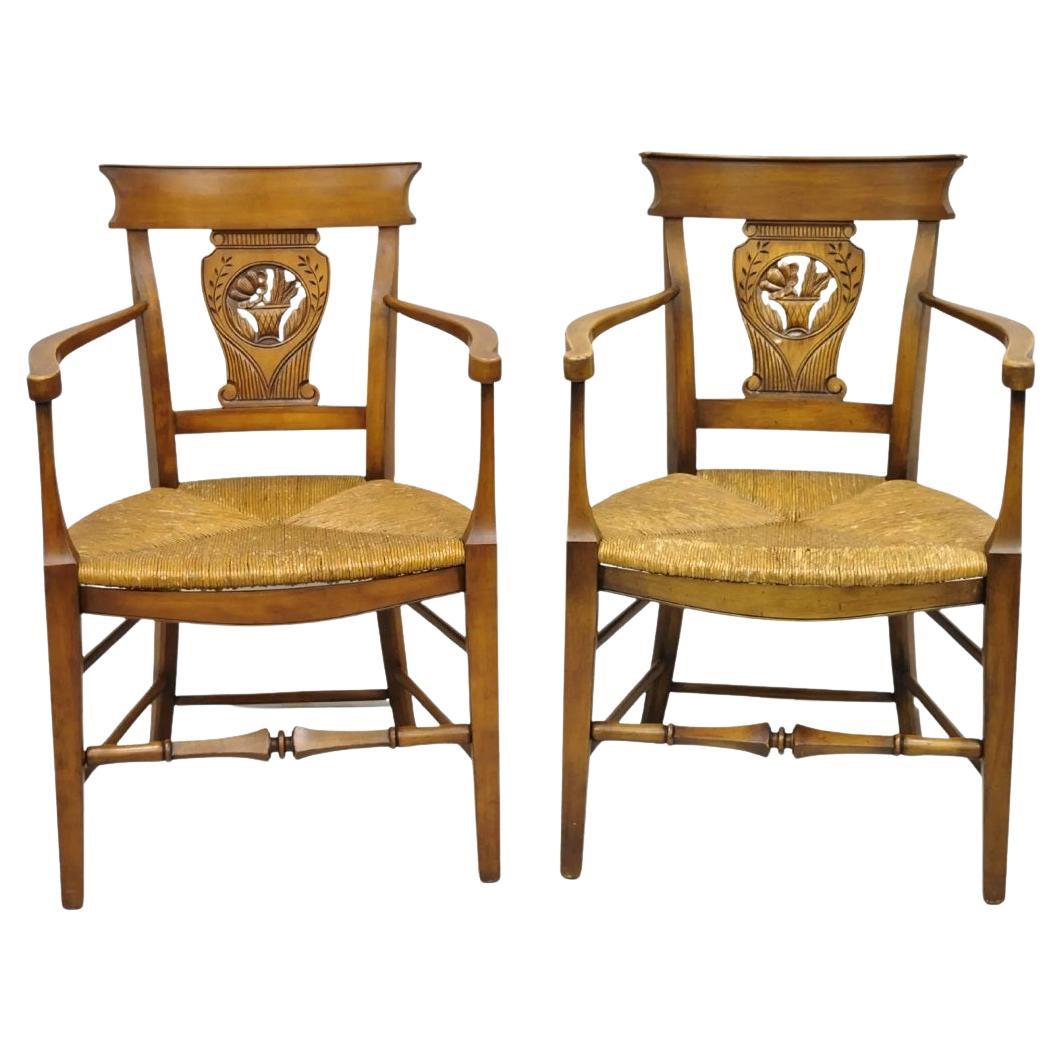 Vintage French Country Cherry Wood Italian Rush Seat Dining Arm Chair - a Pair