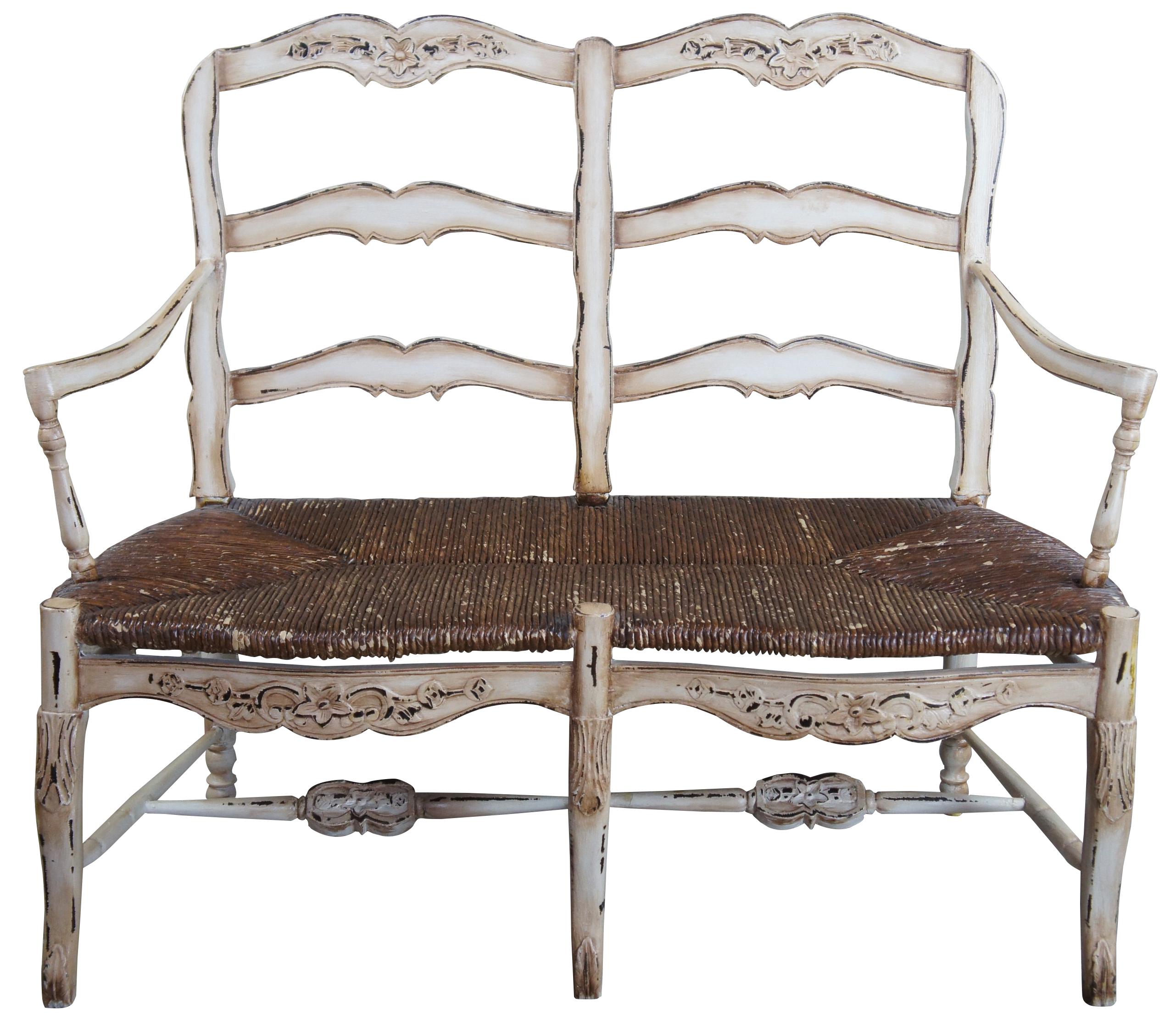 Vintage French Country chic 2 seater ladderback settee rush seat & cushion.