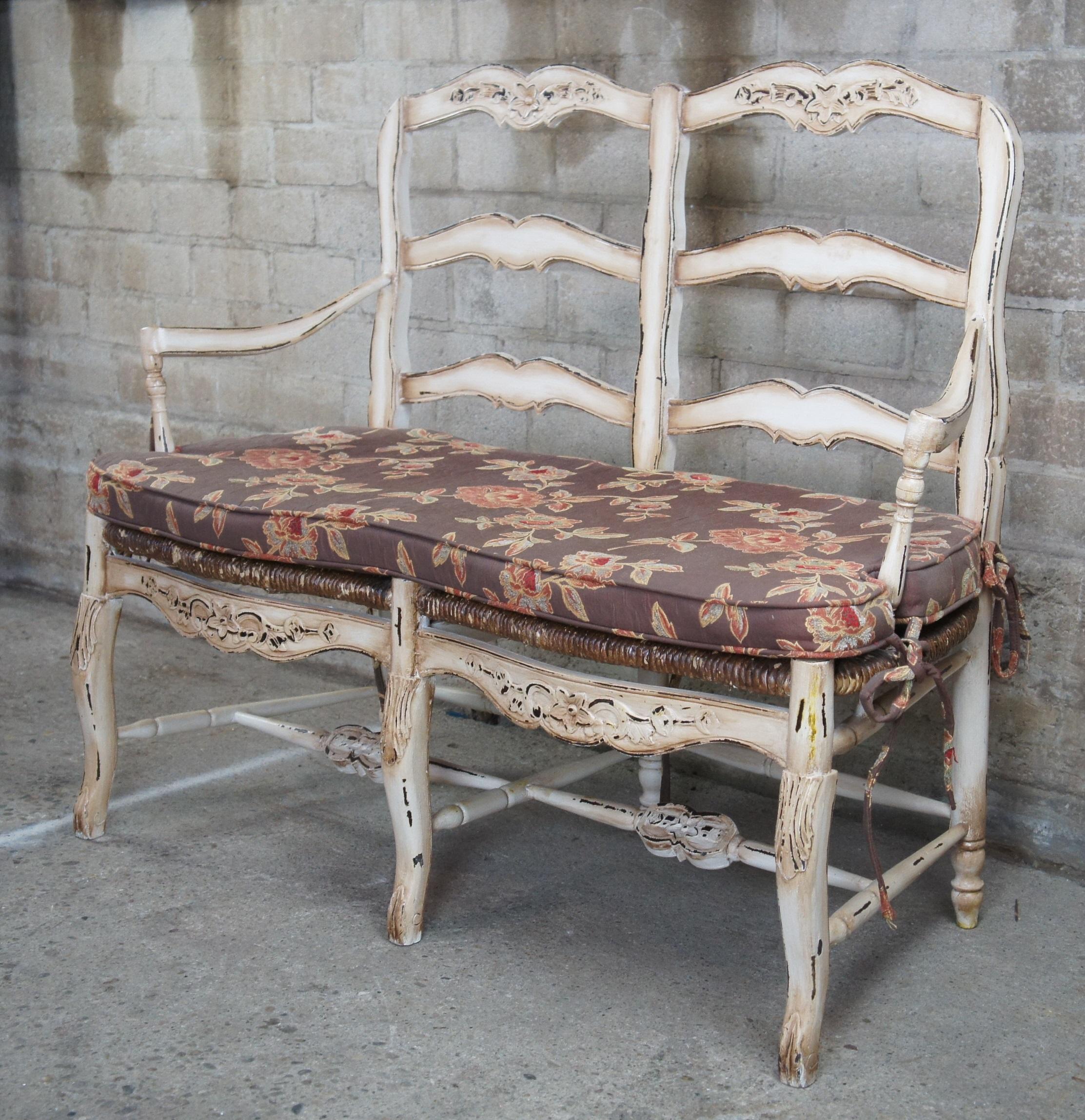 French Provincial Vintage French Country Chic 2 Seater Ladderback Settee Rush Seat & Cushion